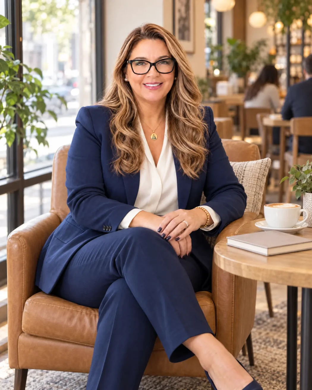 Luciane de Oliveira Lima em uma poltrona, usando traje azul-marinho